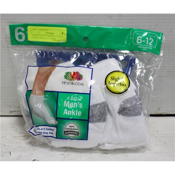 ANKLE SOCKS WHITE 6-12 SIZE 6-PACK FRUIT OF LOOM