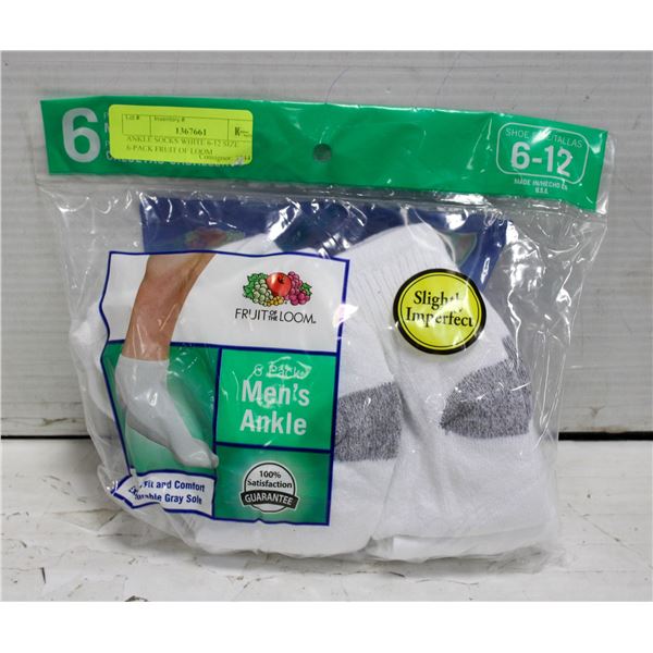 ANKLE SOCKS WHITE 6-12 SIZE 6-PACK FRUIT OF LOOM