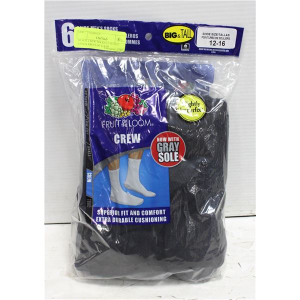 BLACK CREW SOCKS 12-16 SIZE 6-PACK FRUIT OF LOOM