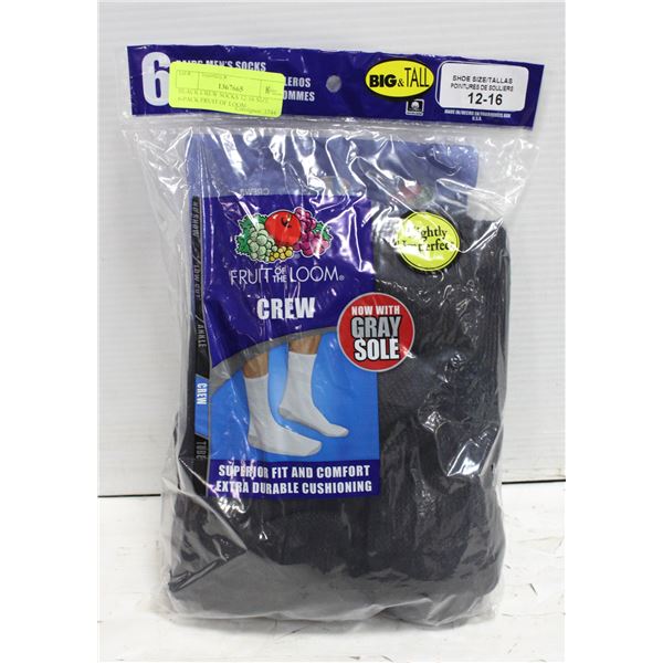 BLACK CREW SOCKS 12-16 SIZE 6-PACK FRUIT OF LOOM