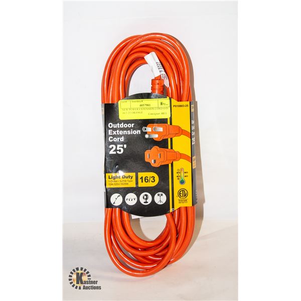 NEW POWER EXTENSION CORD O/D 16/3 25' ORANGE