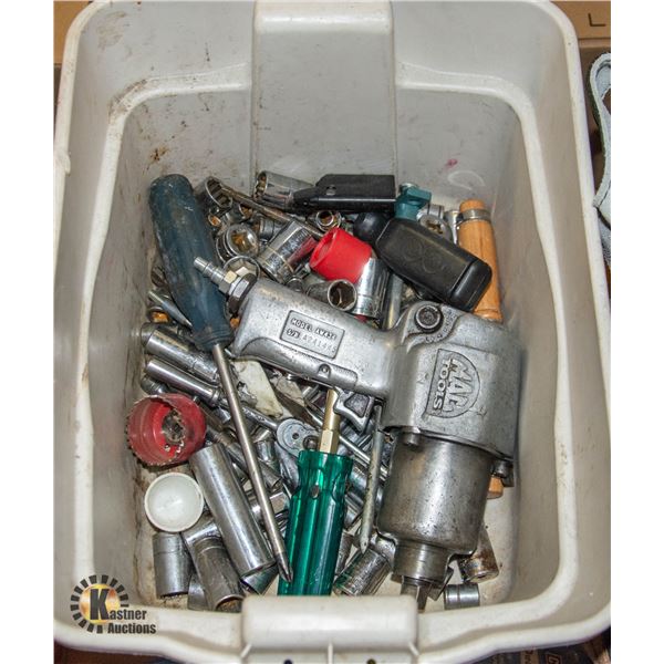BIN OF TOOLS, SOCKETS, AIR GUN
