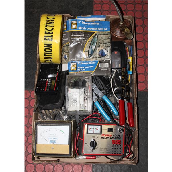 TRAY OF ASSORTED ELECTRICAL SUPPLIES & TOOLS