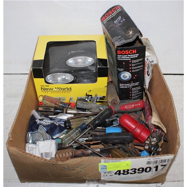 TRAY OF SHOP TOOLS & SUPPLIES