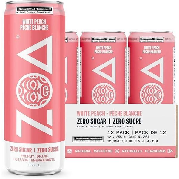 ZOA Zero Sugar Energy Drinks, White Peach - 355ml (Pack of 12)
