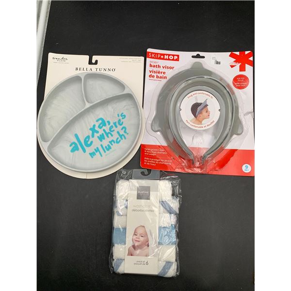 Lot of Assorted Baby Items-Bath Visor, Suction Plate and 6pk Washcloths
