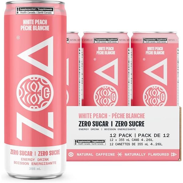 ZOA Zero Sugar Energy Drinks, White Peach - 355ml (Pack of 12)