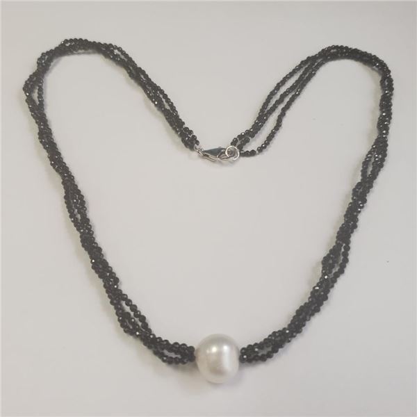 Silver Fresh Water Pearl Black Spinel(20ct) Necklace (~weight 9.85g), Suggested Retail Value $300 (E
