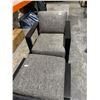 Image 2 : Grey Chair with Faux Wooden Armrest and Footstool (34in x 30in)