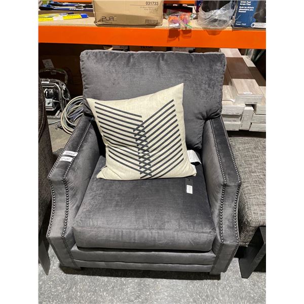 Grey Velvet Armchair and decorative Throw pillow