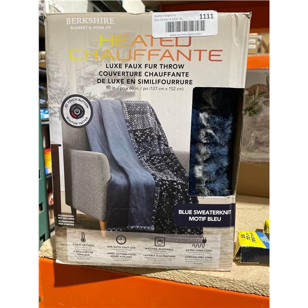 Berkshire Heated Luxe Faux Fur Throw-Blue Sweaterknit, 4 Heat Settings, 4hr Auto-off, Machine Washab