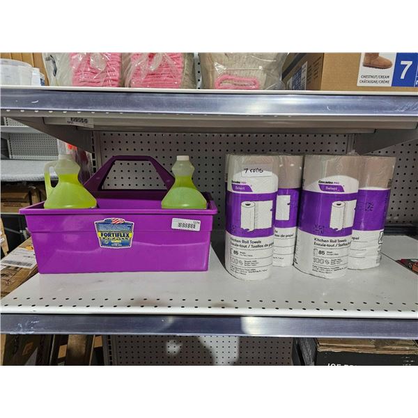 Lot of Assorted Cleaning Supplies - All Purpose Cleaning Ammonia, Paper Towels & Storage Tote