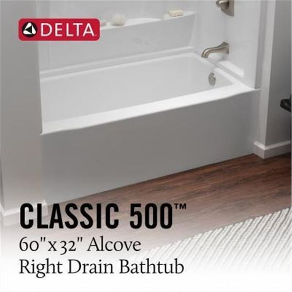 Delta Classic 500 60 in. x 32 in. Right Drain Rectangular Alcove Bathtub in High Gloss White
