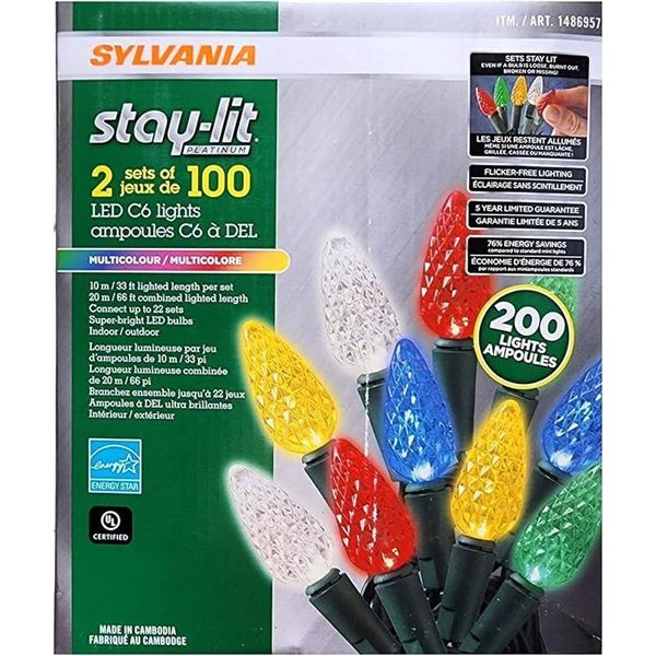 Sylvania - Stay-Lit LED C6 Outdoor/Indoor String Lights, 2 x 100 Lights, Multi-Colour