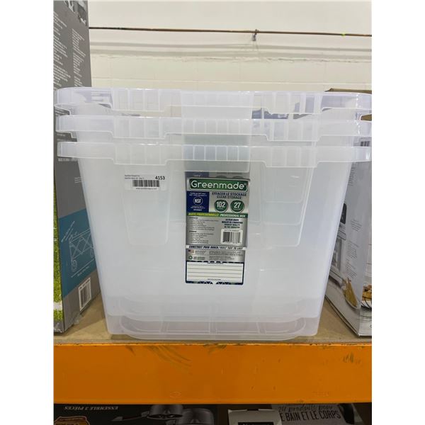 Greenmade Clear Storage 102L Professional Box Lot of 3 (SEE PHOTO FOR DAMAGE) (NO LIDS)