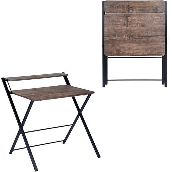 Folding 2 Tier Foldable Assembly Saves Space for Home Office Study, Metal Frames/Wood Top Laptop Tab
