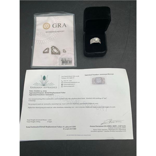 Gents 1.0 Carat Solitaire Moissanite with side stones .999 Rhodium plated Dress Ring NEW with apprai