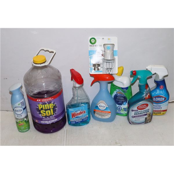 BOX OF PARTIALLY USED CLEANING SUPPLIES ETC