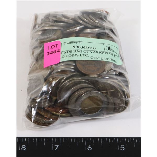 2.5 POUNDS BAG OF VARIOUS OLD WORLD COINS ETC.