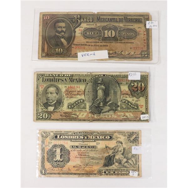 LOT OF 3 OLD EARLY 1900's MEXICAN BANK NOTES