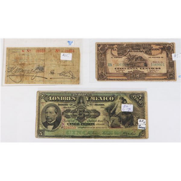 LOT OF 3 OLD EARLY 1900's MEXICAN BANK NOTES