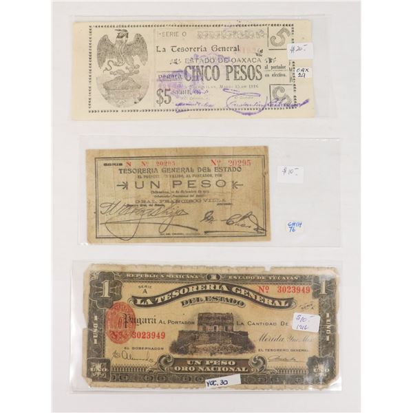 LOT OF 3 OLD EARLY 1900's MEXICAN BANK NOTES