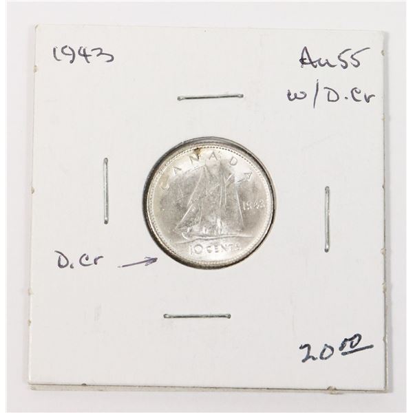 1943 SILVER CANADA 10c DIE CRACKS ERROR COIN, BU
