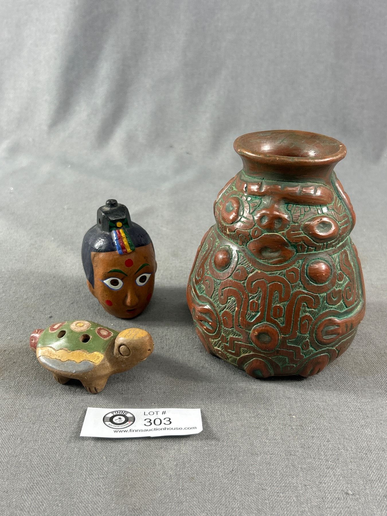 South American Aztec Vase, Turtle Whistle & Hand Painted Bell