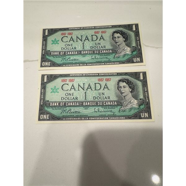 2 centennial Canada one dollar bills 1967