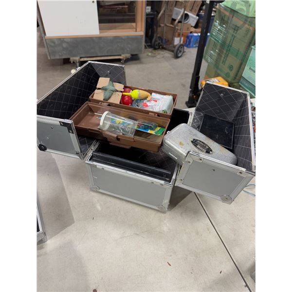 Assorted fishing items and case