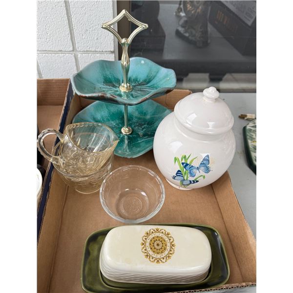 Serving dishes, loaded container, and butter dish
