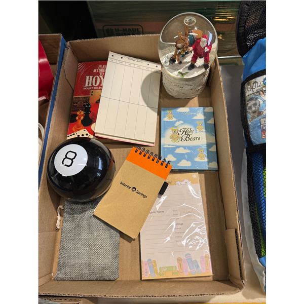 Snow globe and eight ball and other items