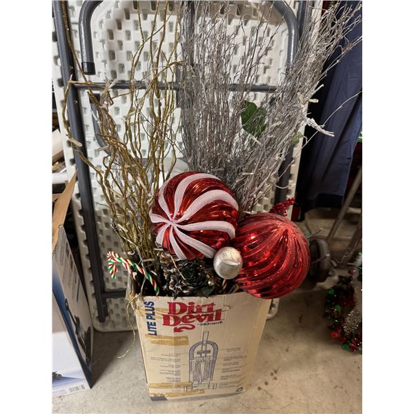 Decor, light up twigs and Christmas balls, etc.