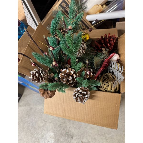 Decor, greens, pinecones, etc.