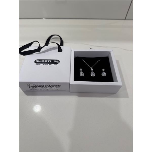 New platinum plated 2ct lab created white sapphire pair cut 2 piece set necklace, dangle earrings