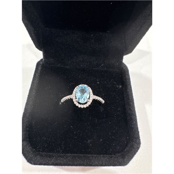 new SS 1CT oval cut Swiss blue topaz channel ring resizable 925 silver with white gold overlay