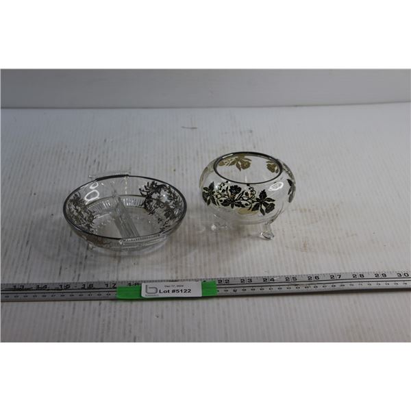 Sterling Silver Overlay Divided Glass Bowl and Candy Dish