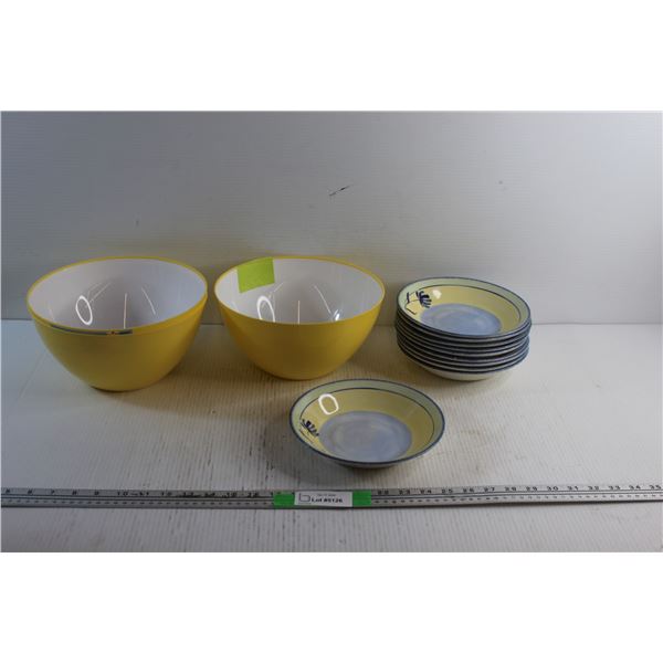 (3) Plastic Salad Bowls & (10) Tranquility Brand Ceramic Bowls