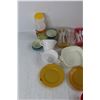 Image 3 : Lot Of Mini Toy Dishes, Charlie Brown Peanuts Trays/ Plates, Tea Sets, Toy Sunny D Bottle, Misc.