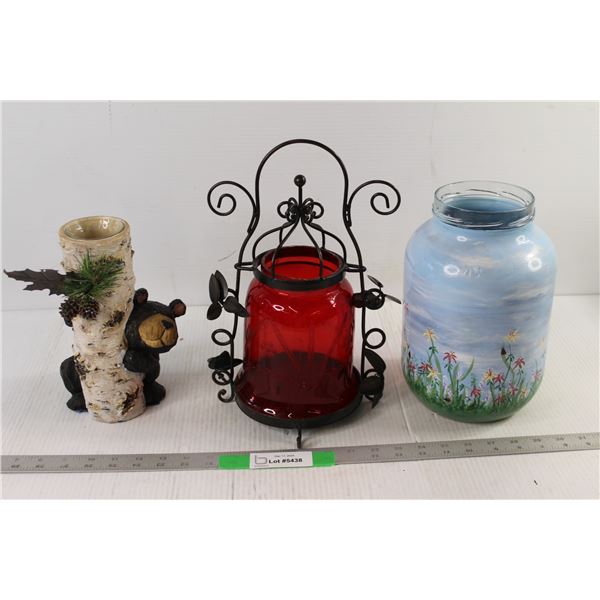 Bear Candle Holder, Red Glass Candle Holder, Painted glass Candle Holder