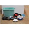 Image 1 : *Large Plastic Tote, Ceramic Plates, Kitchen Supplies - Knives, Cutlery & Measuring Cups, Bowls an