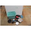 Image 2 : *Large Plastic Tote, Ceramic Plates, Kitchen Supplies - Knives, Cutlery & Measuring Cups, Bowls an