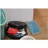 Image 3 : *Large Plastic Tote, Ceramic Plates, Kitchen Supplies - Knives, Cutlery & Measuring Cups, Bowls an