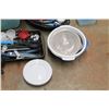 Image 4 : *Large Plastic Tote, Ceramic Plates, Kitchen Supplies - Knives, Cutlery & Measuring Cups, Bowls an