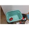 Image 7 : *Large Plastic Tote, Ceramic Plates, Kitchen Supplies - Knives, Cutlery & Measuring Cups, Bowls an