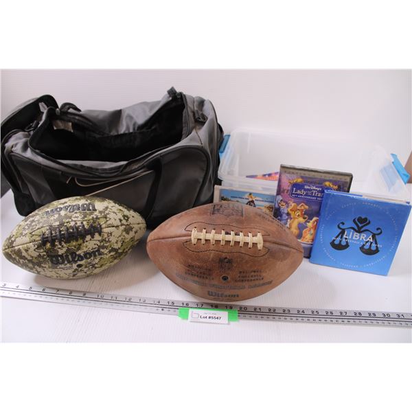Plastic Tote, Nike Duffle Bag, (2) Worn Footballs, Libra Book, Lady & The Tramp DVD, Misc.