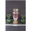Image 1 : Etched Glass Vase - 11" Tall & (2) Green Glass Vases - 6.5" Tall