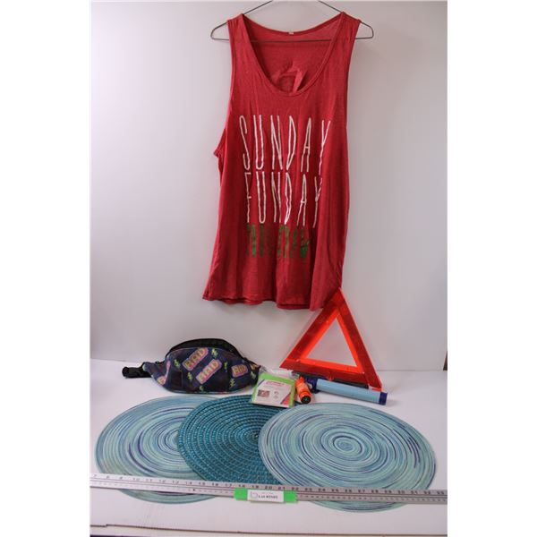 Rad Fanny Pack, (3) Placemats, Hazard Triangle, Tank Top, Emergency Poncho, Misc.