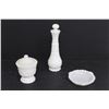 Image 1 : (3) Milk Glass Items - Candy Dish, Cruet w/ Stopper, Anchor Hocking Trinket Dish w/ Lid