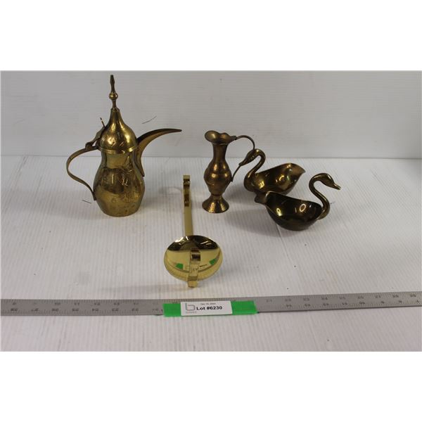 Brass Teapot, (2) Brass Swan Dishes,